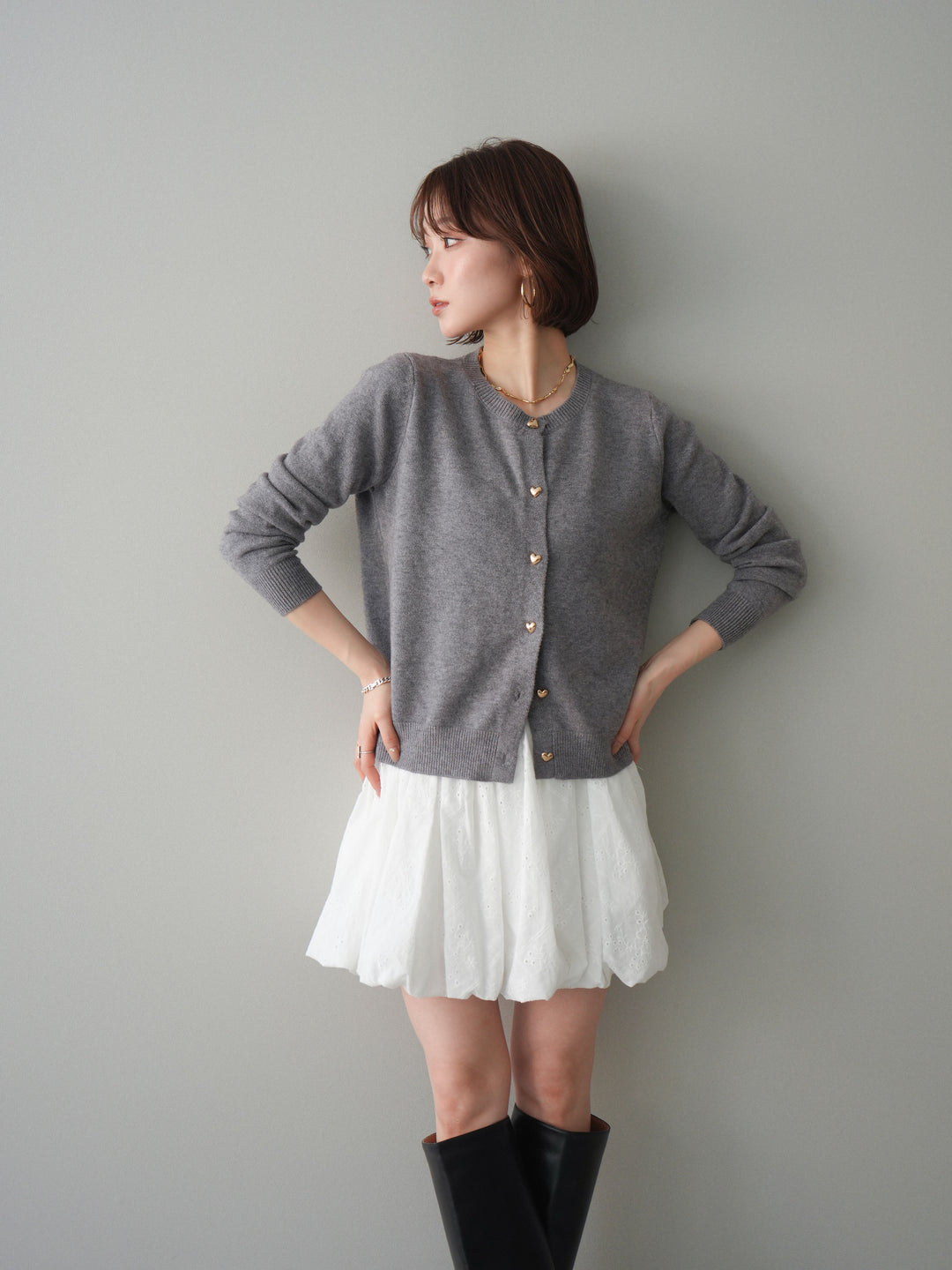 [予約]ハートボタンニットカーディガン/gray