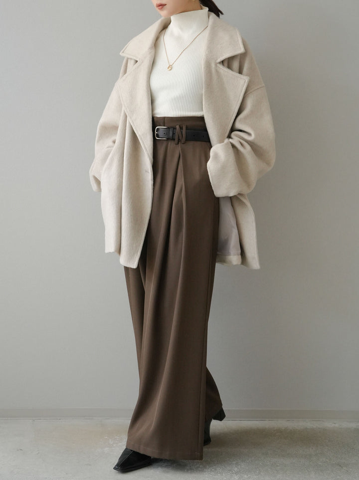 [SET]フェイクビーバーミドルコート+袖ボタンハイネックリブニットトップス+ベルト付ウールタッチワイドパンツL(3set)