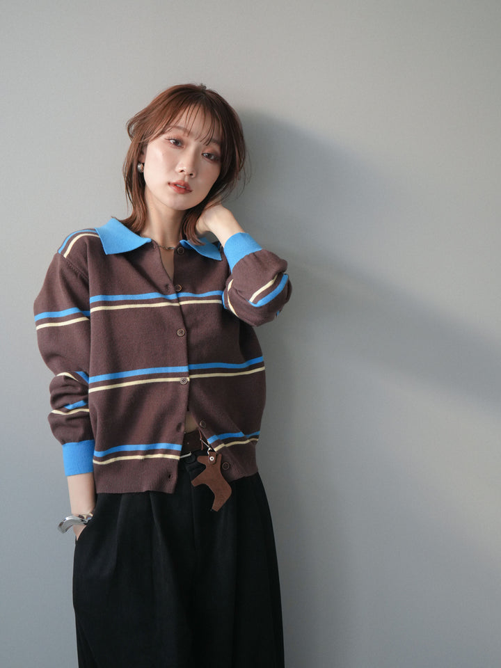 [予約]配色マルチボーダーポロニットカーディガン/brown