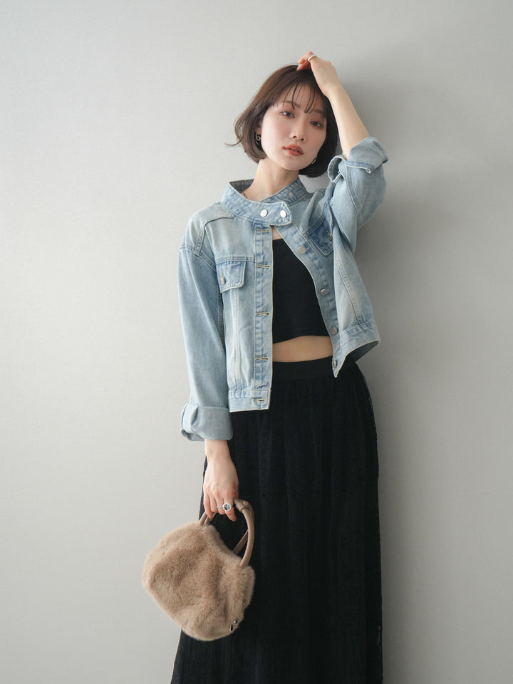 [予約]スタンドカラーコンパクトデニムジャケット/lightblue