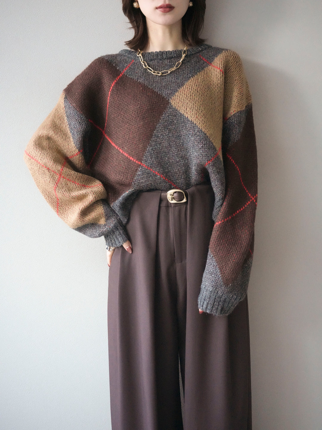 [予約]配色ステッチアーガイル柄ニットプルオーバー/charcoal