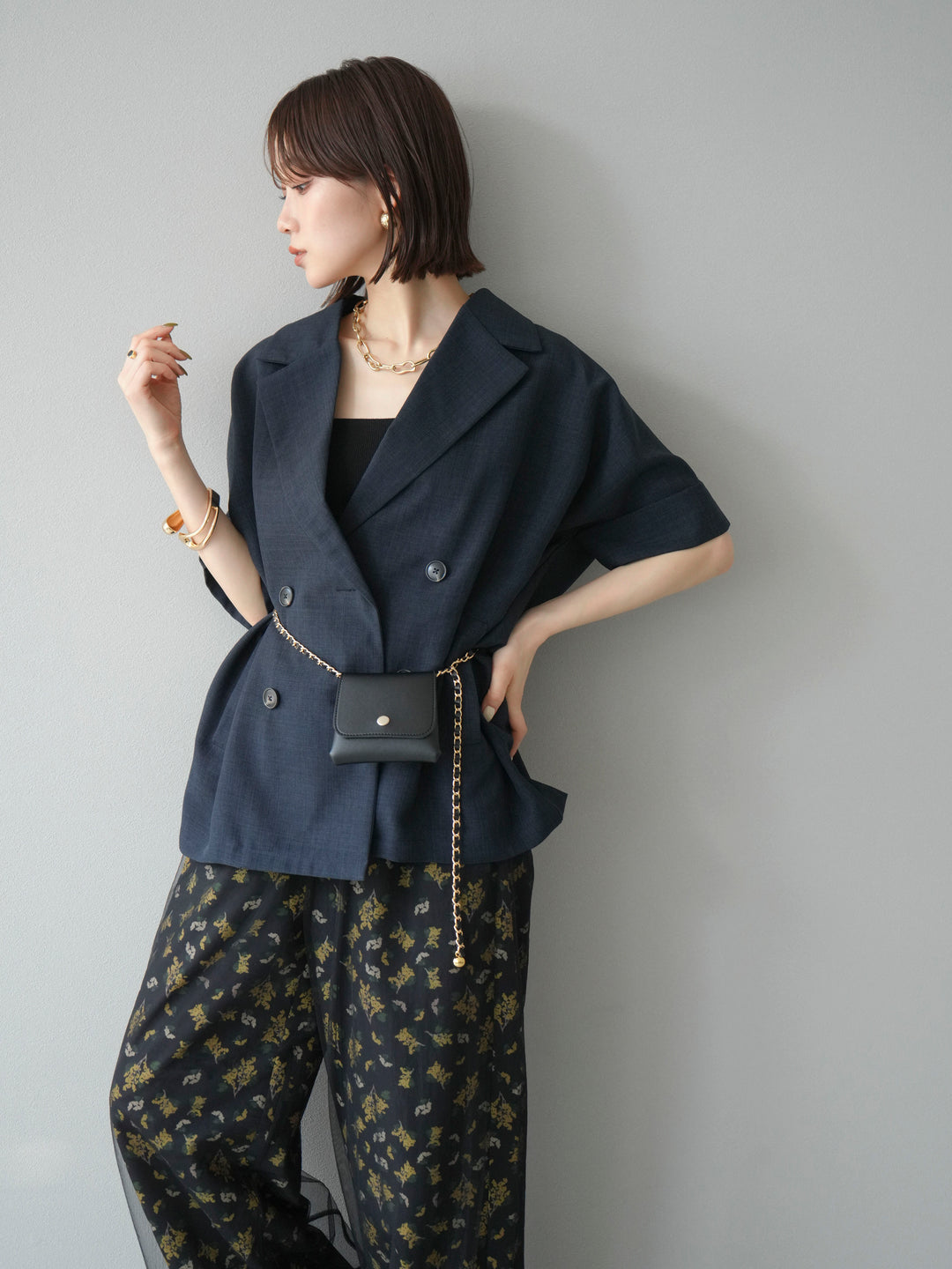 [SET]リネンライクハーフテーラードジャケット+コード刺繍チュールレイヤードパンツ(2set)