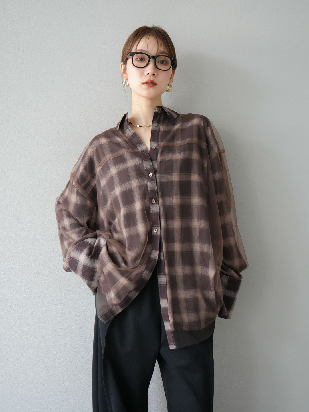 [予約]チュールドッキングチェック柄オーバーサイズシャツ/ブラウン