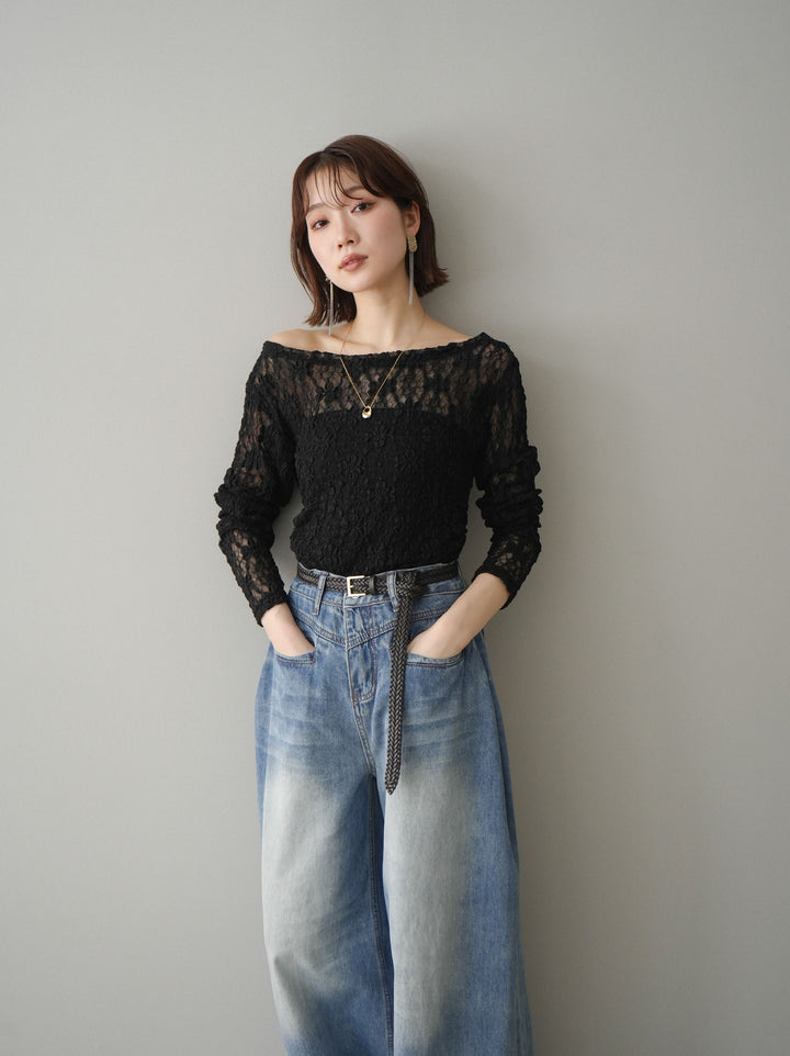 [予約]サイドギャザーレーストップス/black