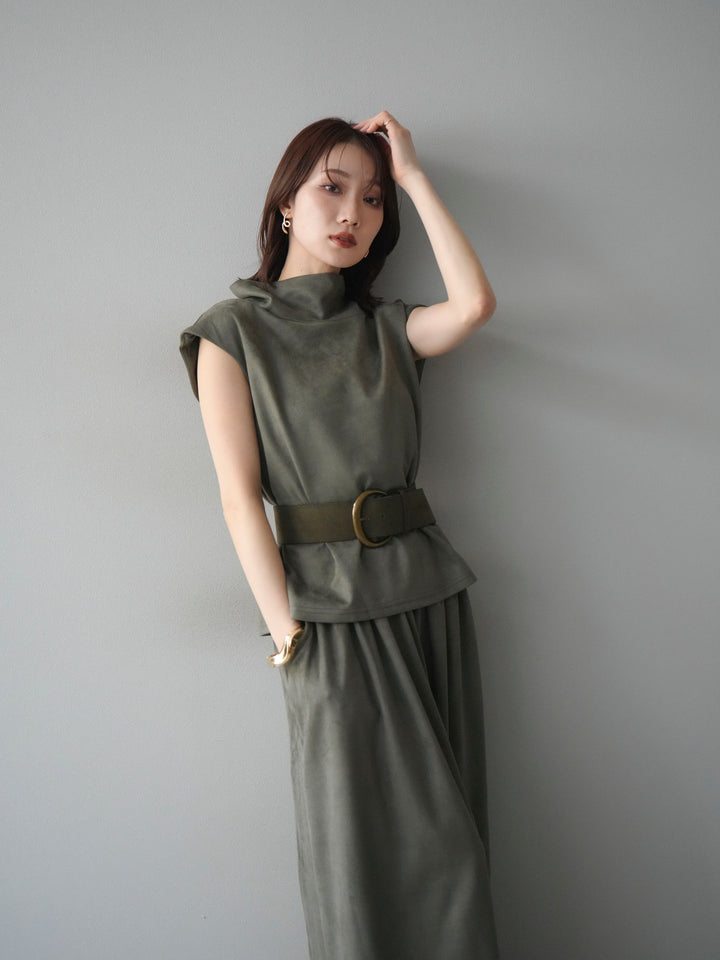 [SET]ベルト付スエードハイネックプルオーバー＆ワイドパンツSET UP