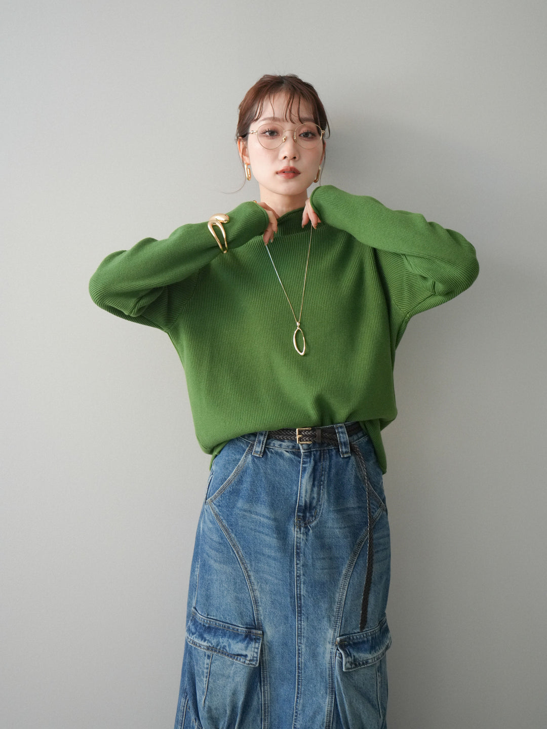 [予約]ボトルネック裾カールリブニットトップス/green