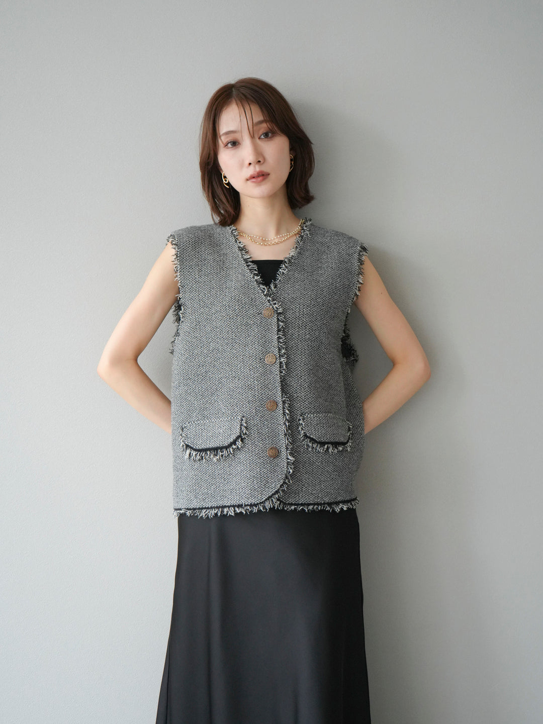 [予約]ツイードライクフリンジニットベスト/ブラック