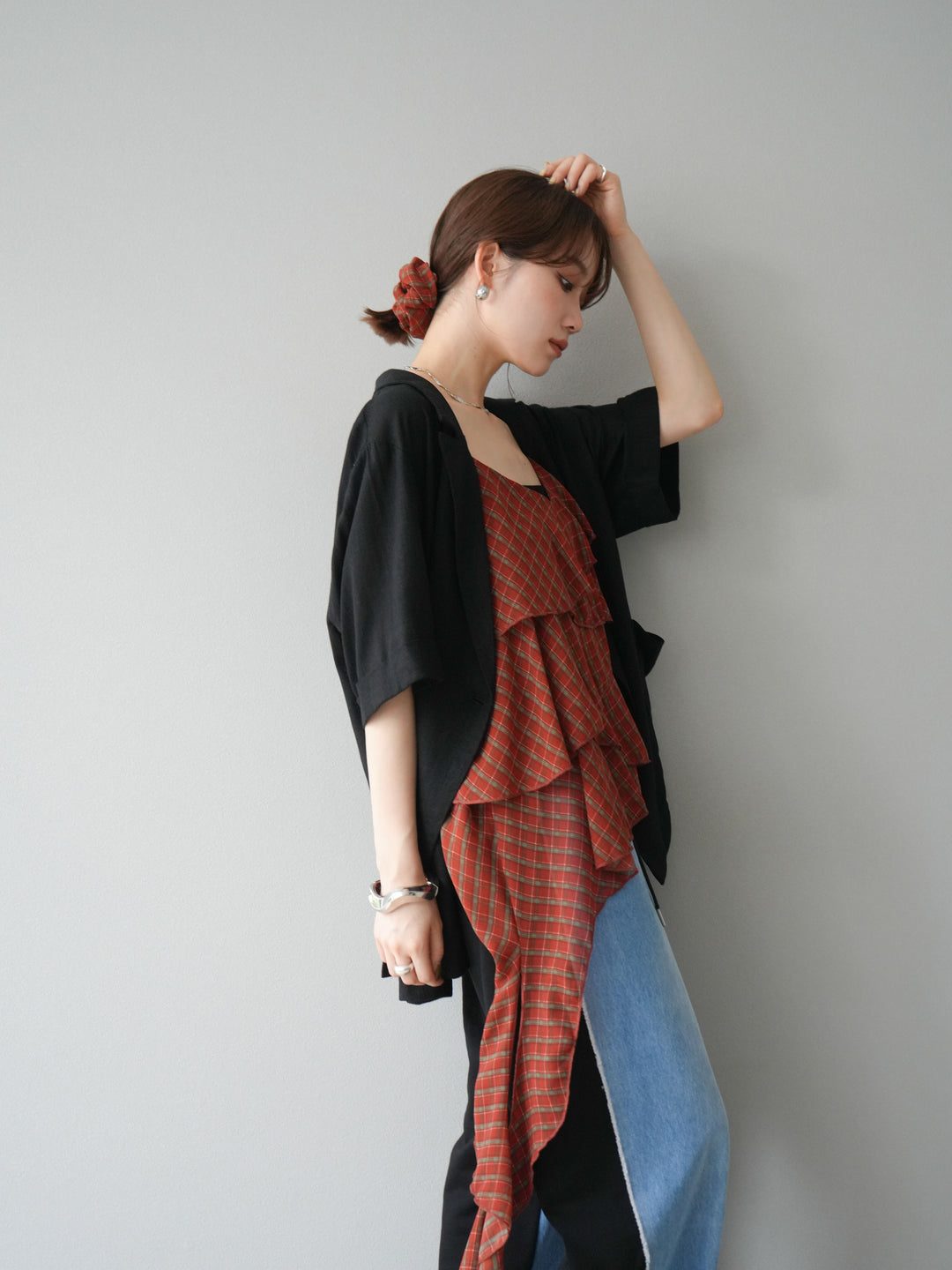 [予約]チェック柄ラッフルキャミソール/レッド
