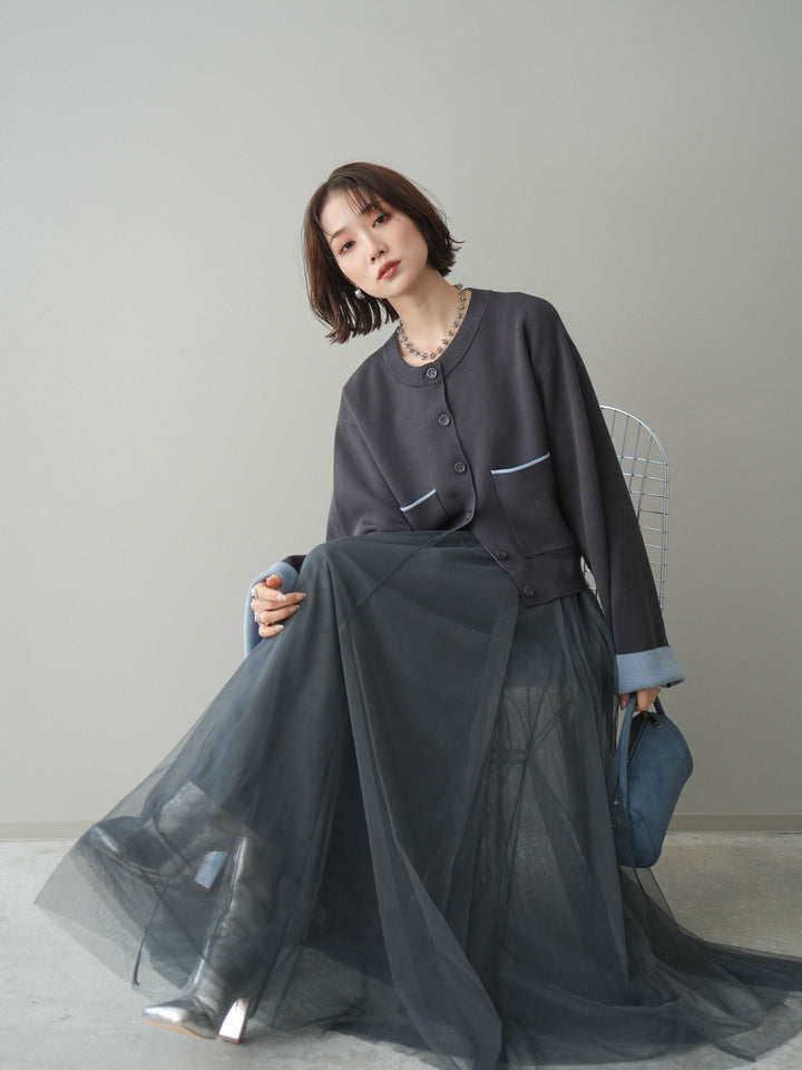 [SET]レーヨンポリダブルフェイスニットカーディガン+チュールボリュームスカート(2set)