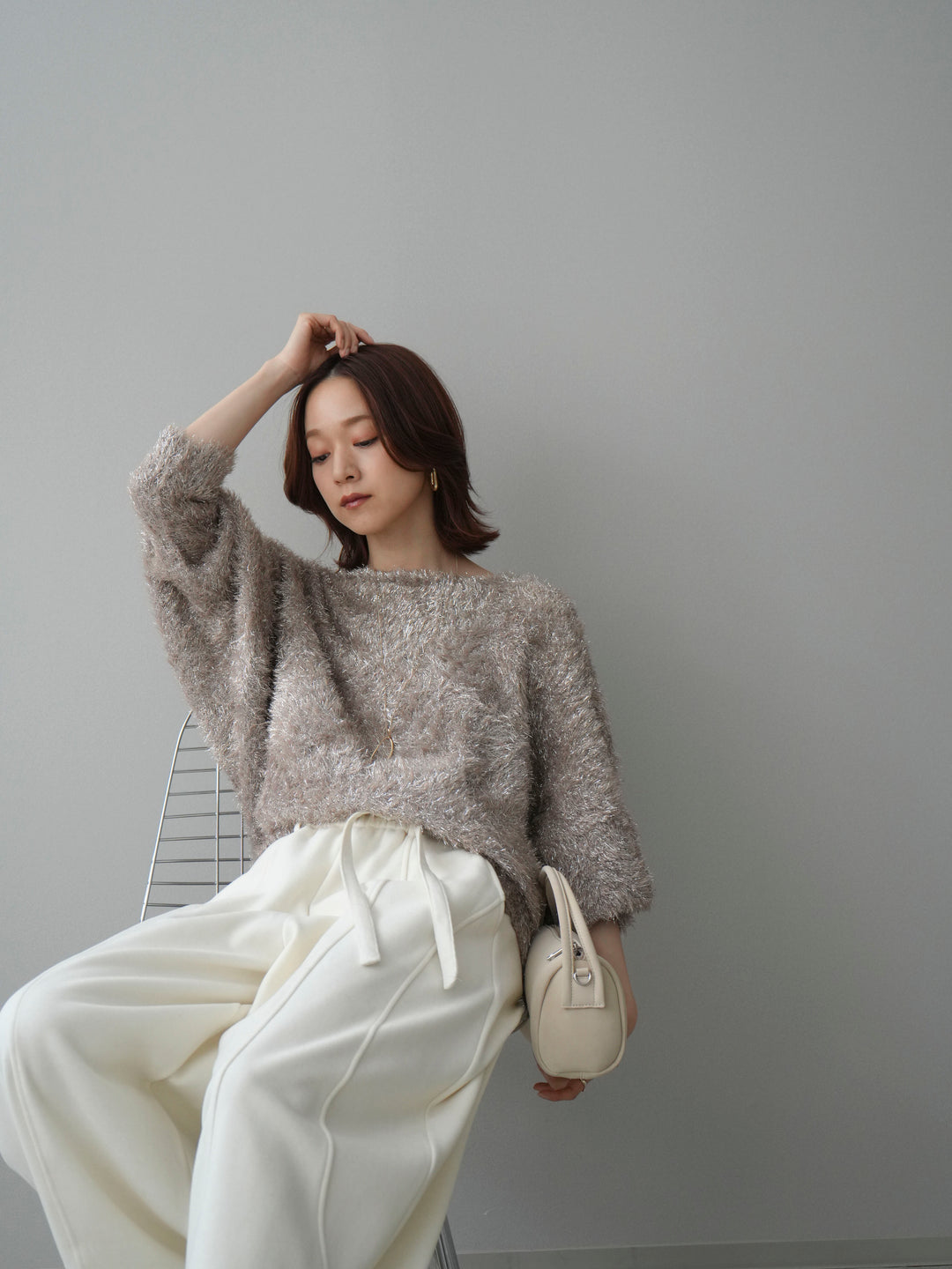 [予約]ラメシャギードルマンニットプルオーバー/beige