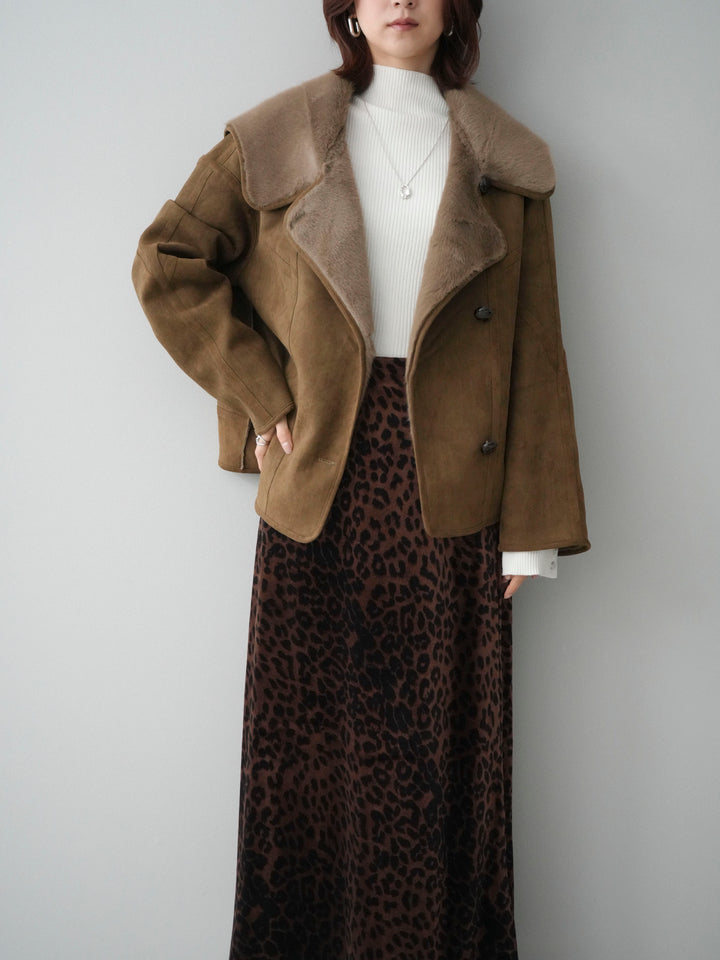 [SET]ムートンショートジャケット+袖ボタンボトルネックリブニットトップス(2set)