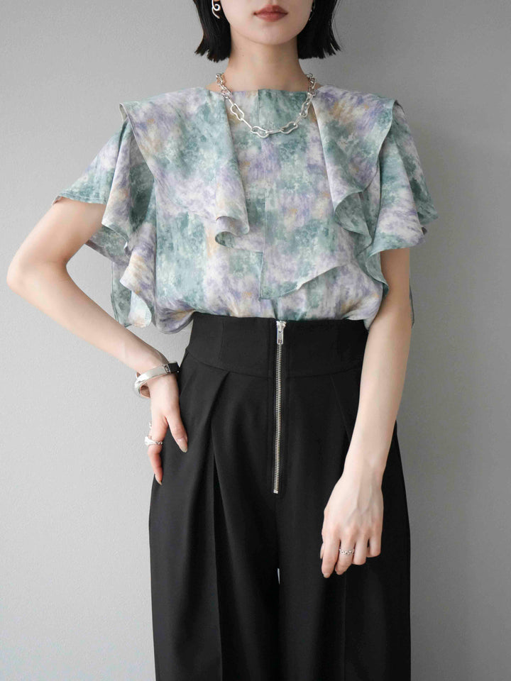 [予約]水彩アートラッフルカラーブラウス/グリーン