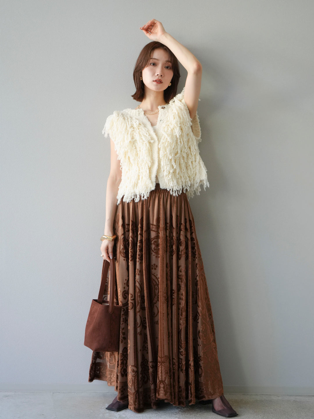 [SET]フリンジループニットベスト+アンティーク柄フロッキーマキシスカート(2set)
