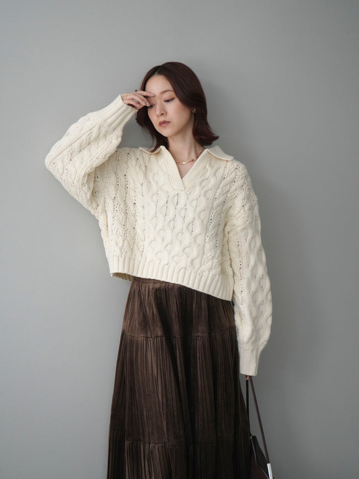 [SET]バルキーケーブルクロップド開襟プルオーバー+ベロアティアードワッシャースカート(2set)