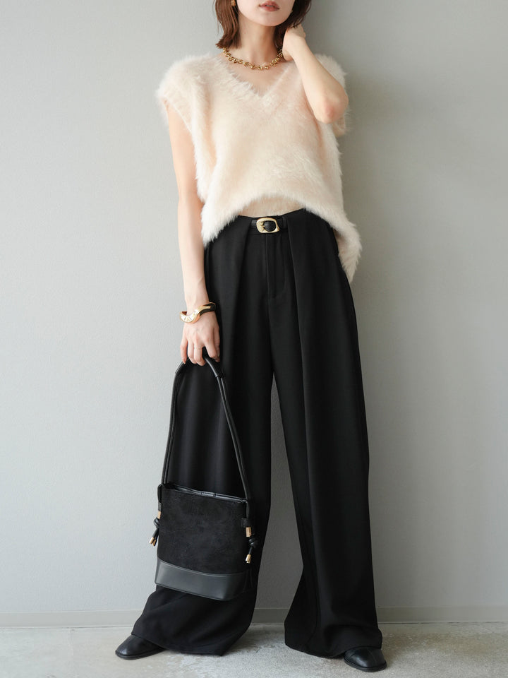[預購] 皮帶環設計寬褲/黑色