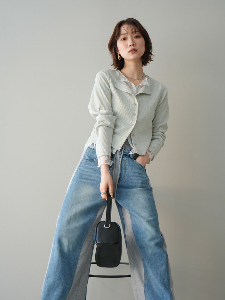 [SET]レースドッキングテレコリブカーディガン+選べるアクセセット(2set)