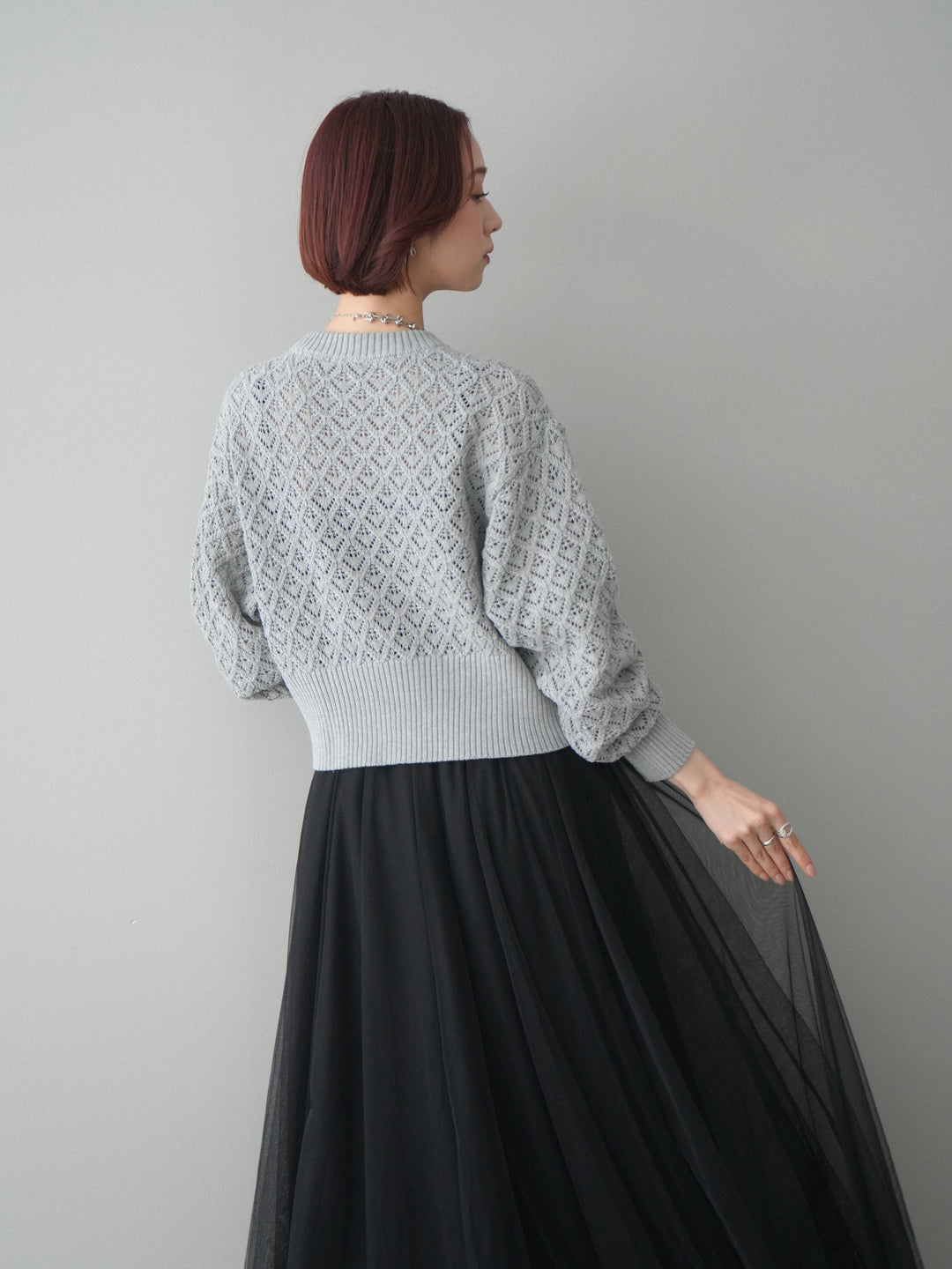 [予約]透かし編みフロントジップスリットニットプルオーバー/gray