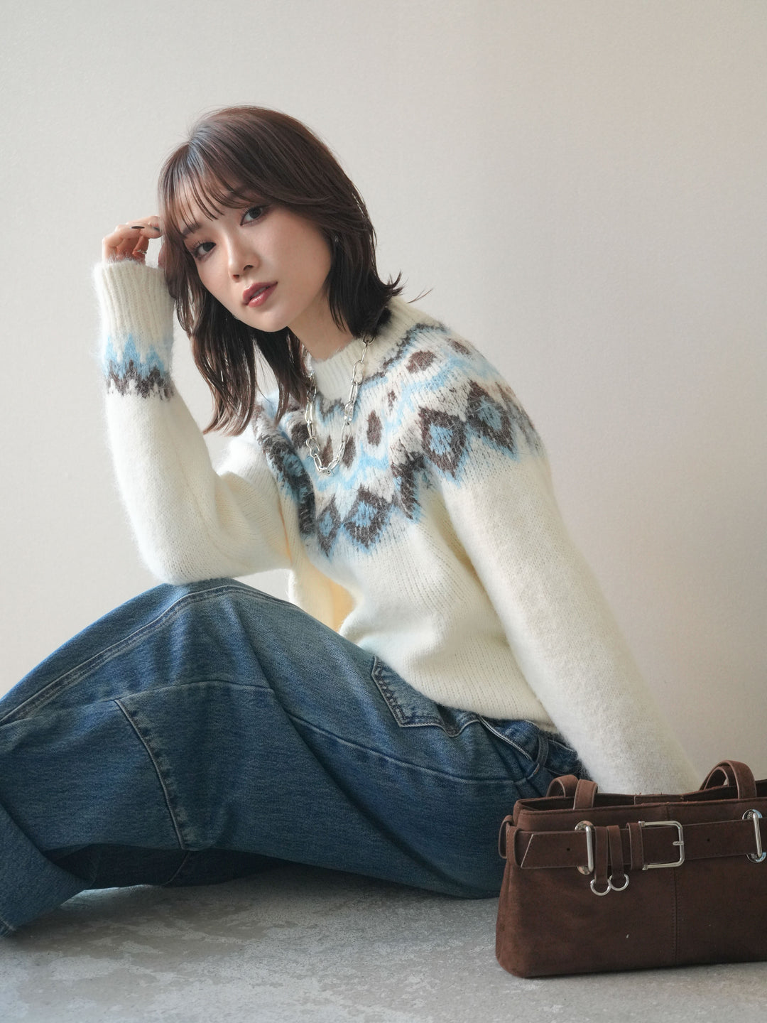 [SET]ソフトタッチ求心柄ニットプルオーバー+ペインターカーブデニムパンツ(2set)