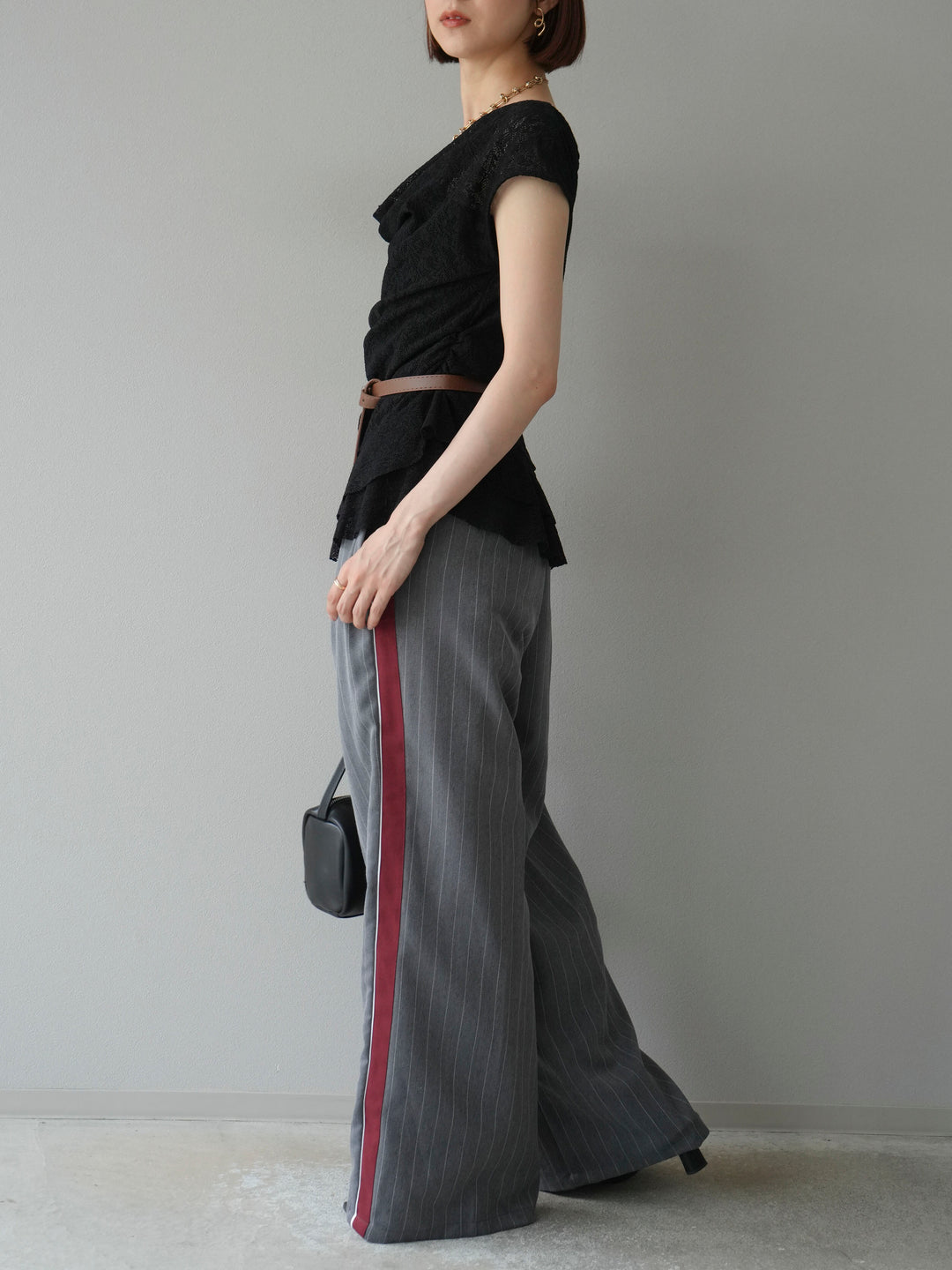 [予約]サイドラインストライプワイドパンツ/グレー