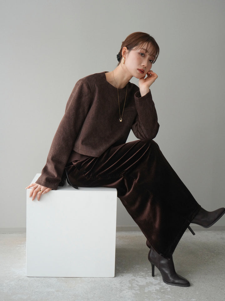 [予約]リブニットレイヤードスエードプルオーバー/brown