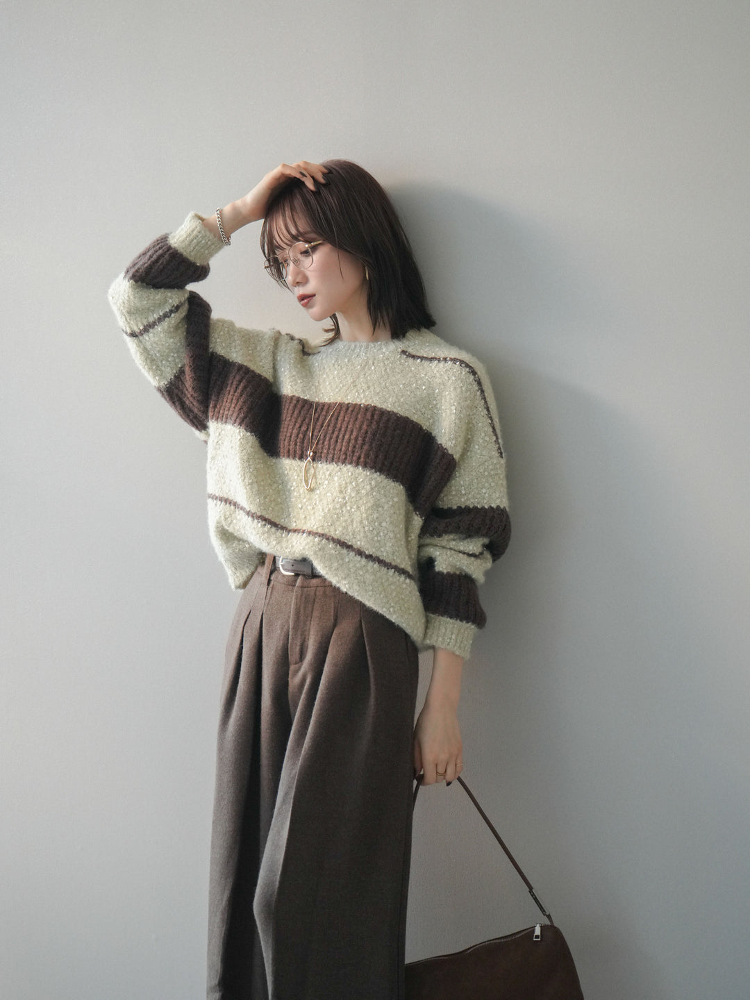 [SET]ネップヤーンボーダーニットプルオーバー+ウールタッチベルト付ワイドパンツ(2set)