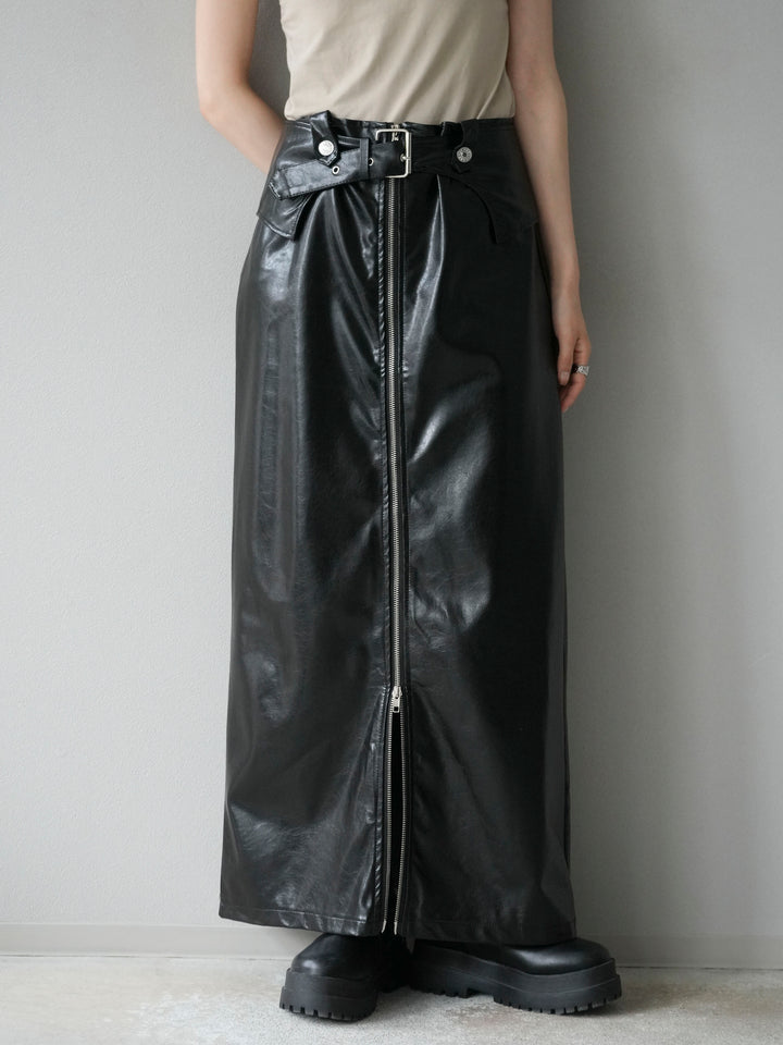 [予約]ベルトデザインレザータッチZIPタイトスカート/ブラック