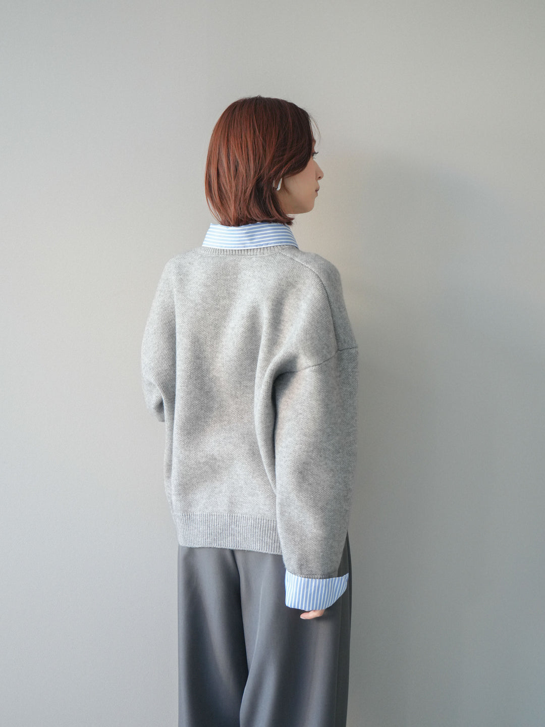 [SET]2WAYストライプ襟ニットプルオーバー+ベルトループデザインワイドパンツ(2set)