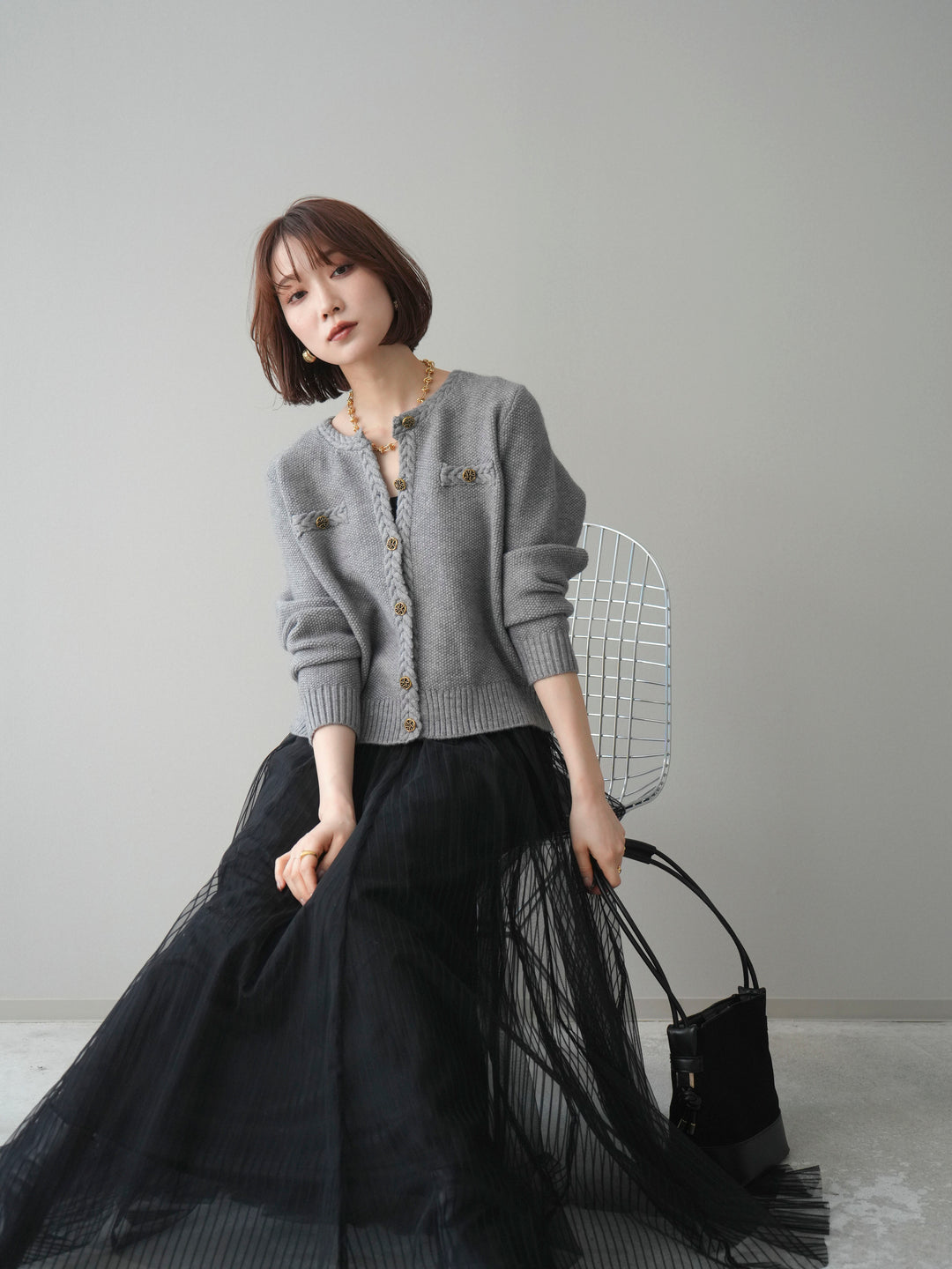 [SET]編みこみアンティークボタンニットカーディガン+チュールストライプボリュームスカート(2set)