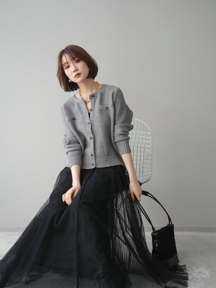 [SET]編みこみアンティークボタンニットカーディガン+チュールストライプボリュームスカート(2set)