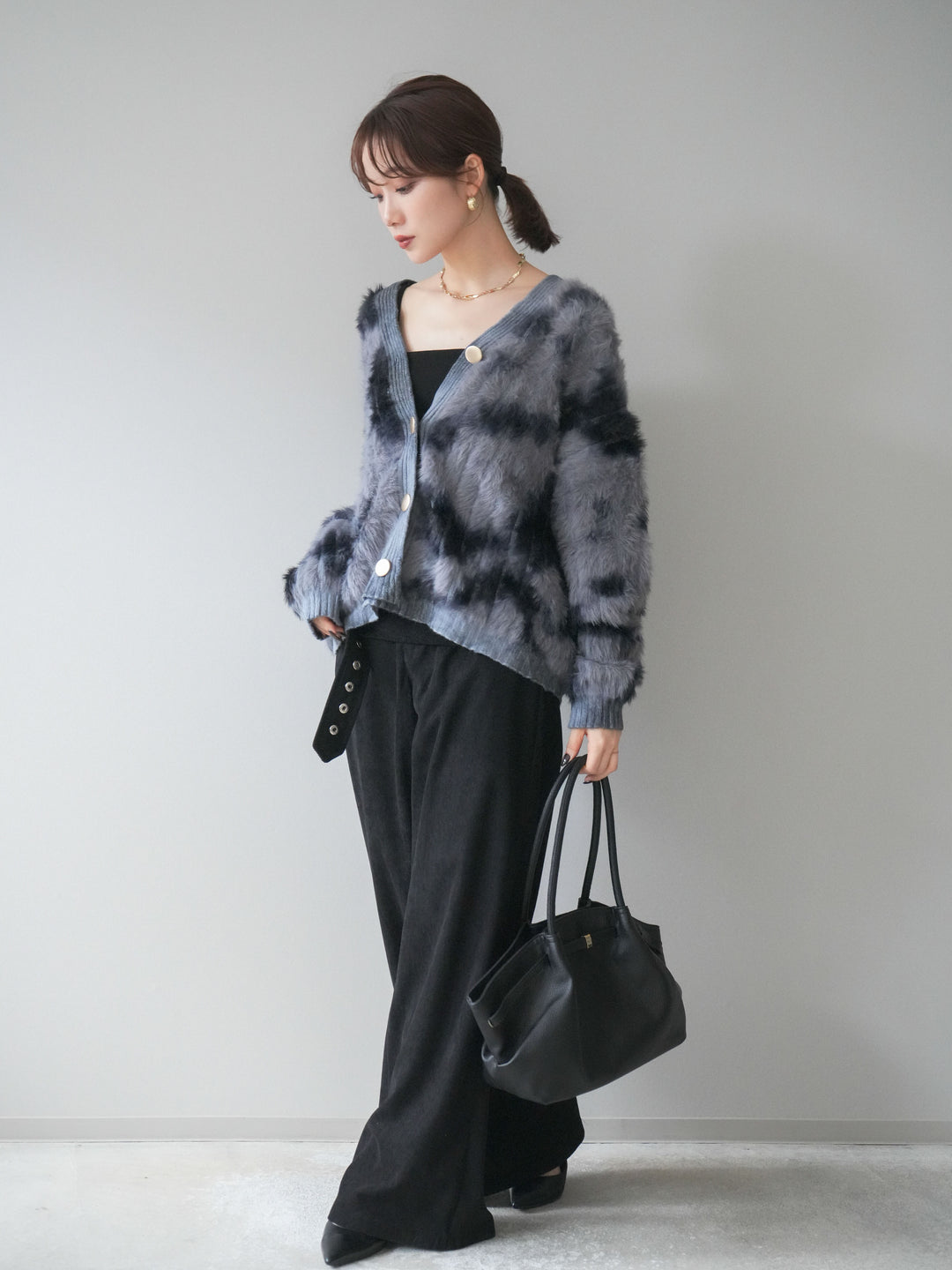 [SET]ニュアンス柄シャギーニットカーディガン+コーデュロイ巻きベルト付きパンツ(2set)