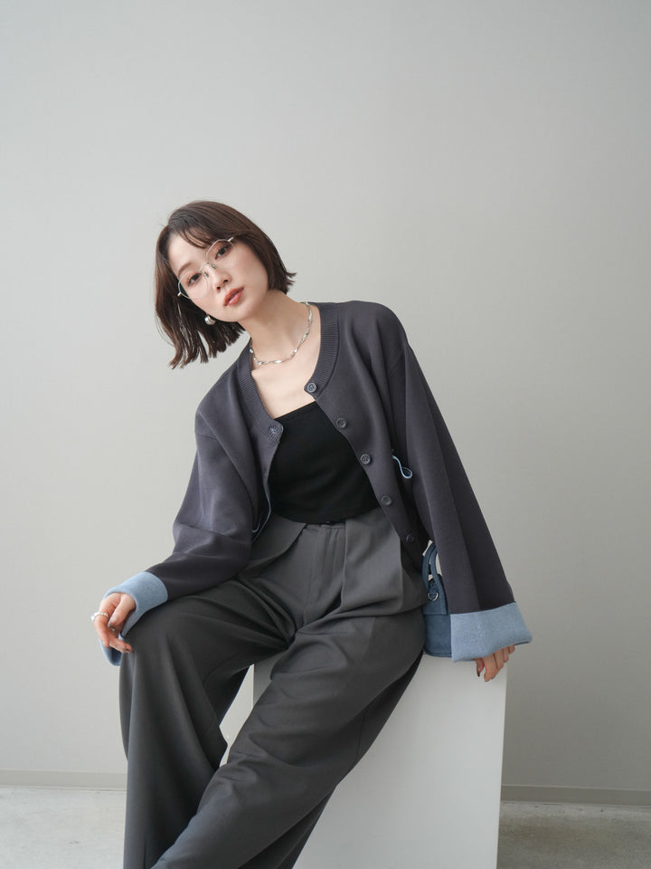 [SET]レーヨンポリダブルフェイスニットカーディガン+ベルトループデザインワイドパンツ(2set)