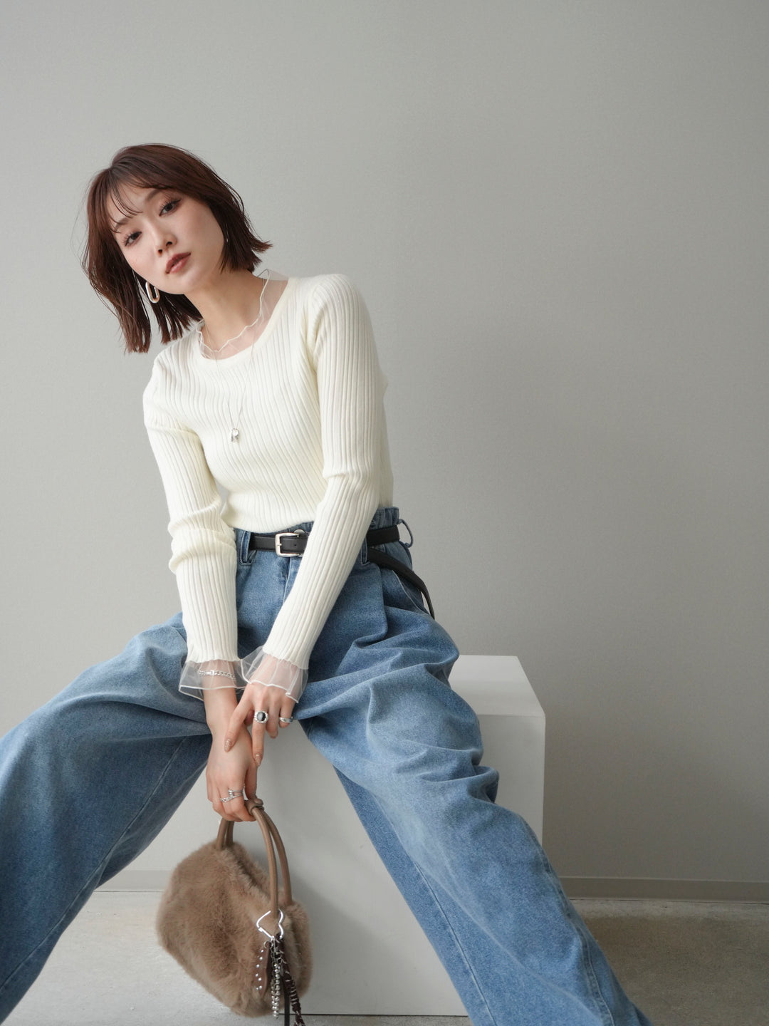 [SET]チュールドッキングリブニットトップス+ハイウエストベルトループデザインデニムパンツ(2set)