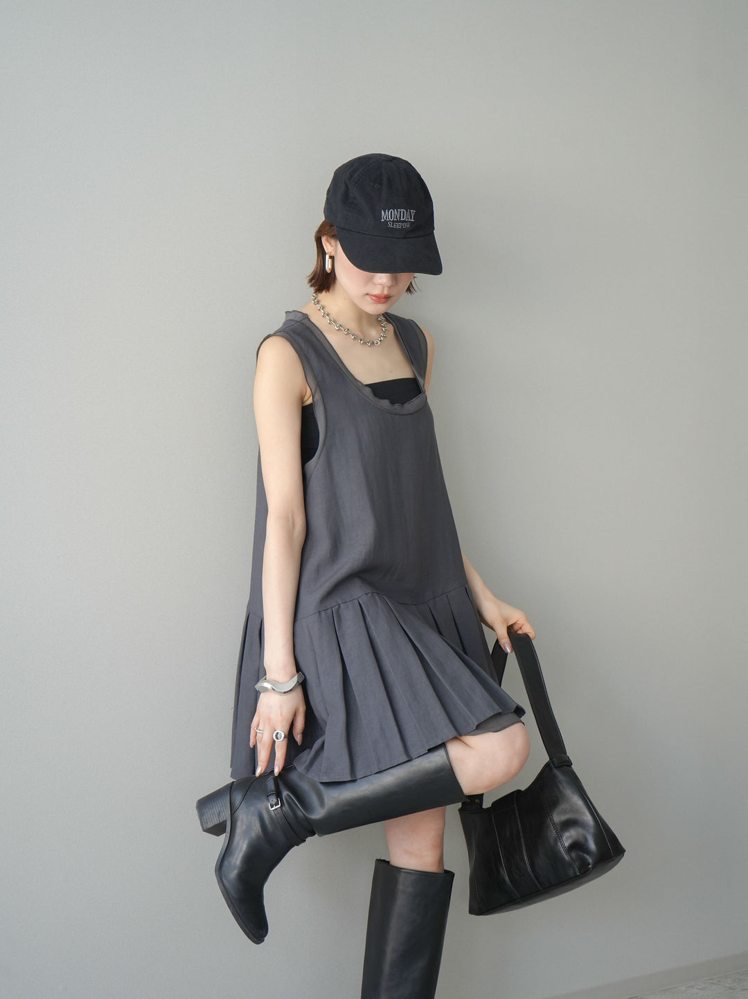 [予約]チュールドッキング裾プリーツミニワンピース/charcoal