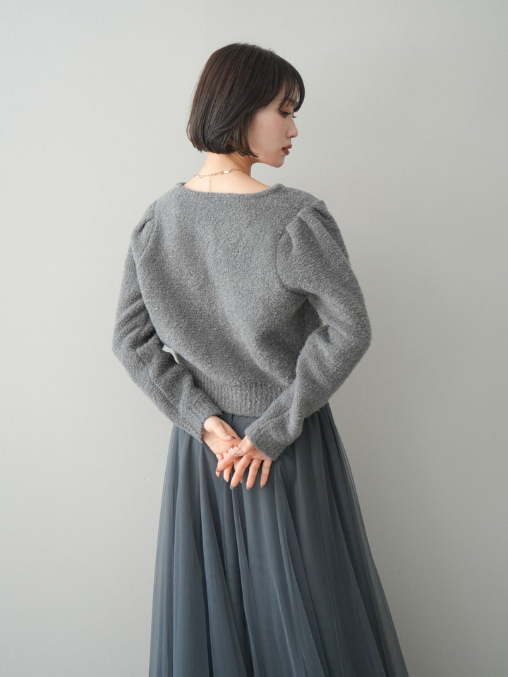 [SET]ゴールドボタンブークレニットカーディガン+チュールボリュームスカート(2set)