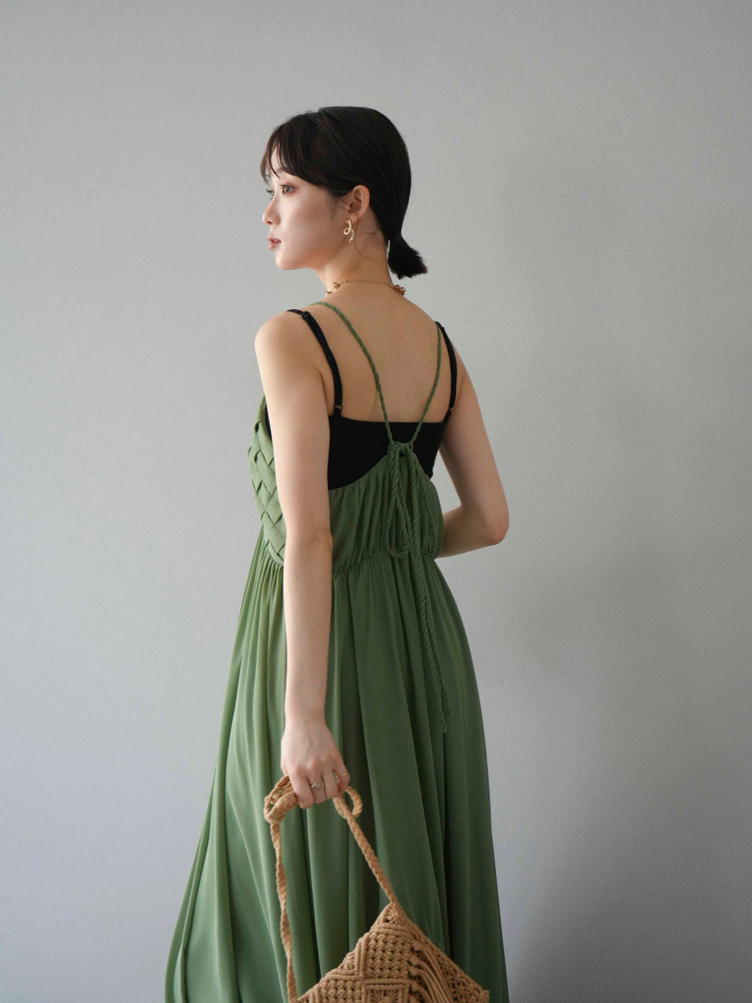 [予約]編み込みデザインシフォンワンピース/グリーン
