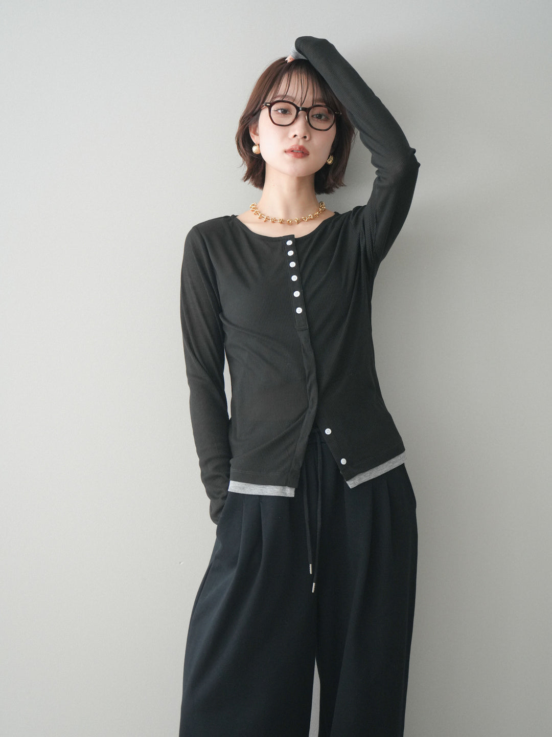 [予約]シアーリブバイカラーカーディガン/black