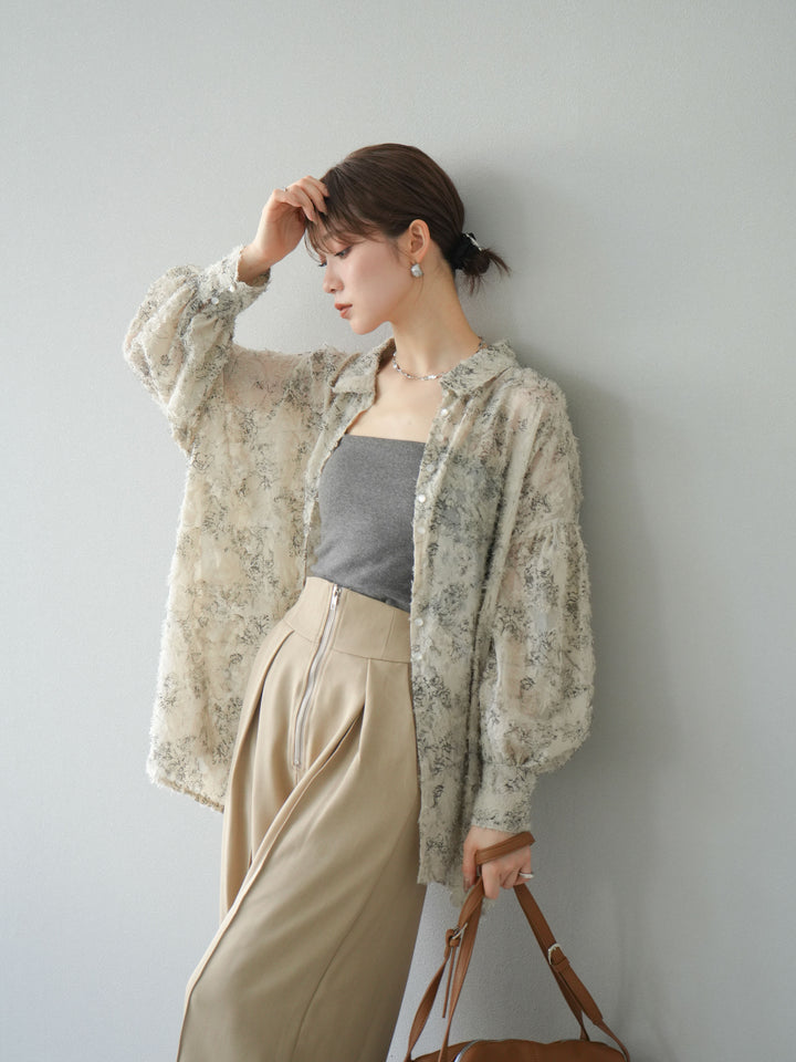 [予約]ニュアンスフリンジジャガードボリュームスリーブブラウス/ベージュ