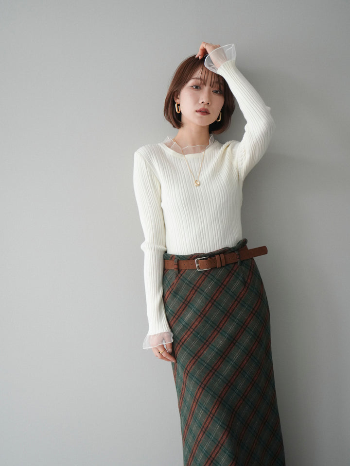 [SET]チュールドッキングリブニットトップス+ベルト付チェック柄ナロースカート(2set)
