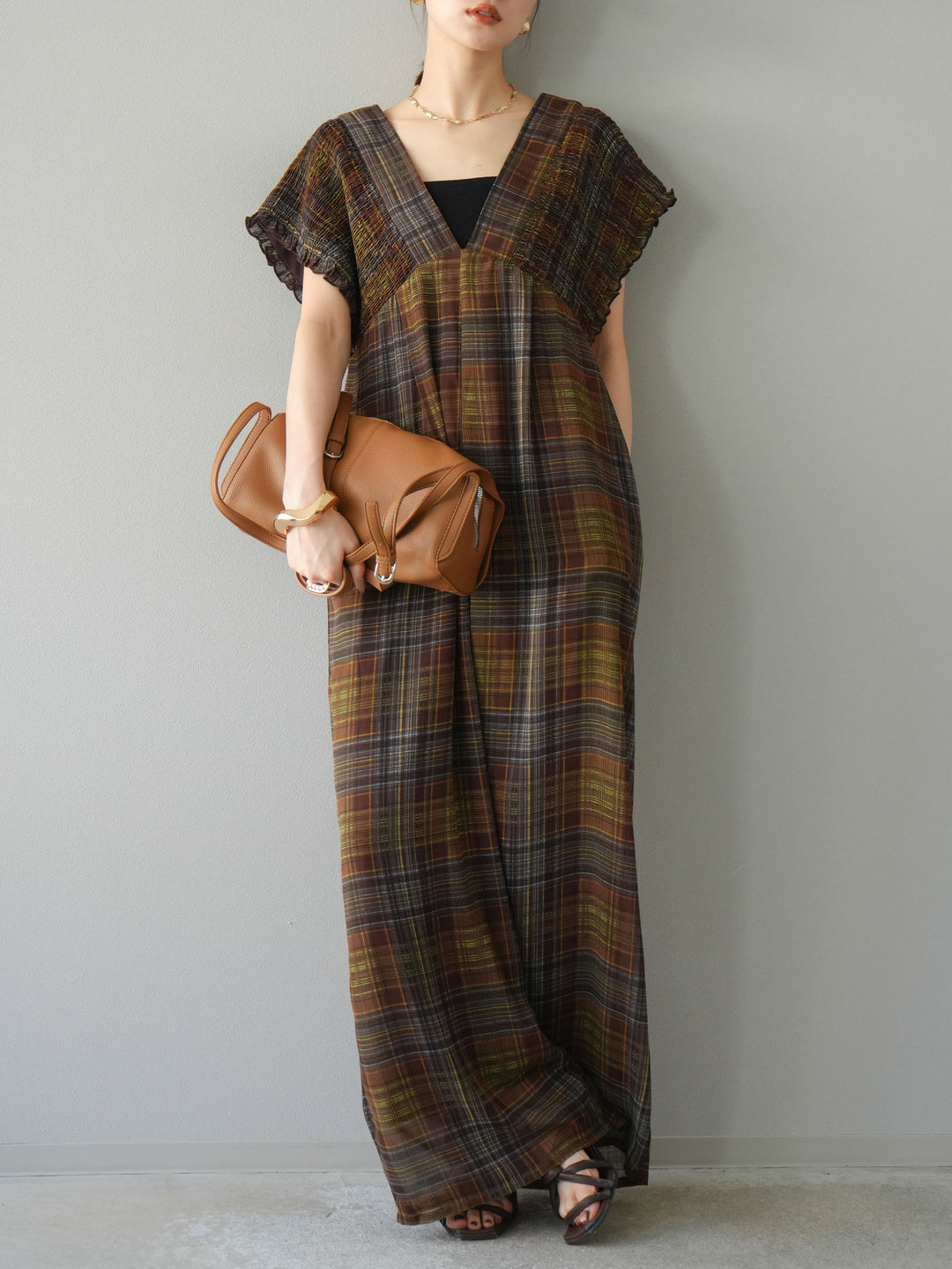 [套裝] 透視格紋褶皺背帶褲 + 配件套裝（2 套）