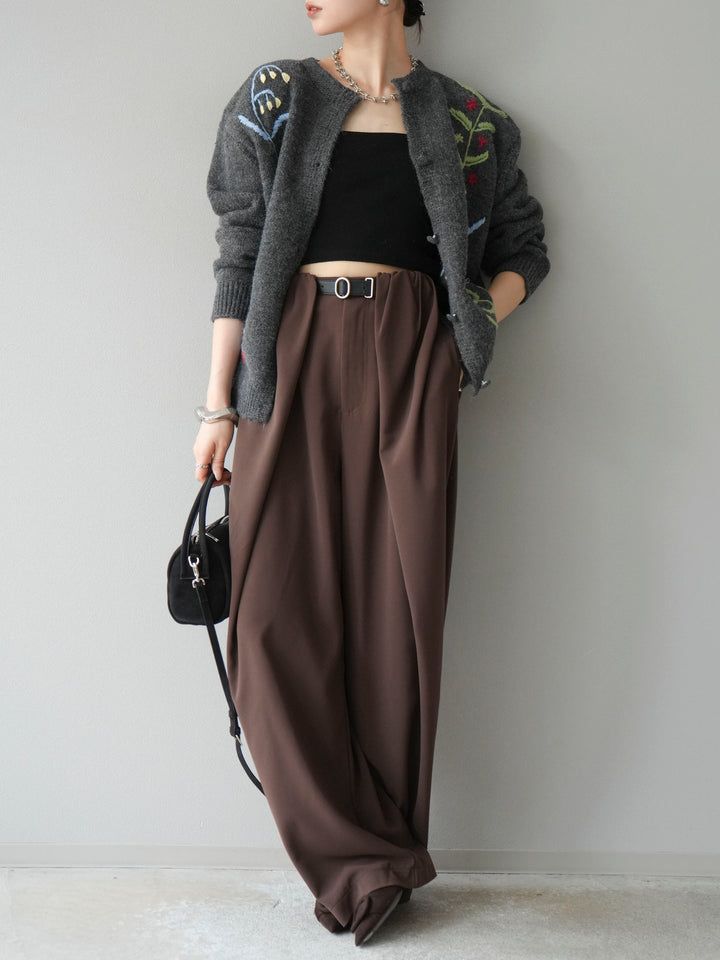 [SET]フラワー刺繍ニットカーディガン+ベルト付タックワイドパンツ(2set)