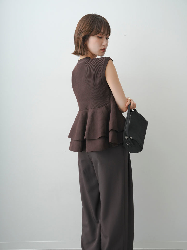 [予約]ダブルフリルペプラムノースリニットトップス/brown