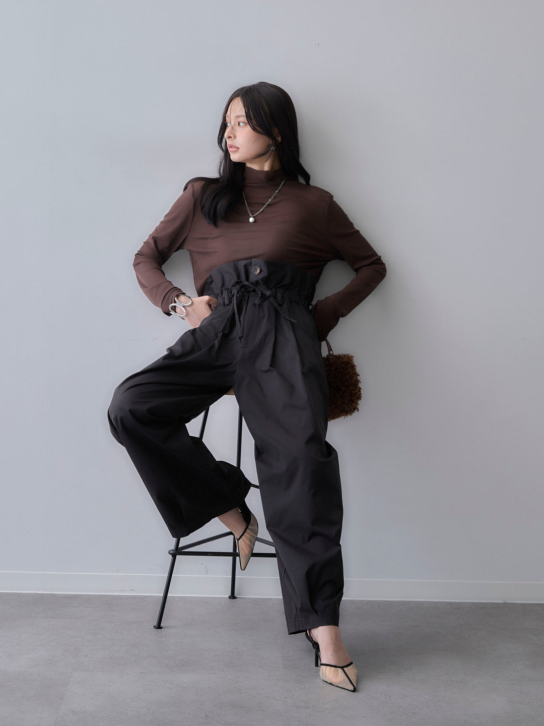[SET]メッシュボトルネックトップス+2WAYロールアップワイドパンツ(2set)