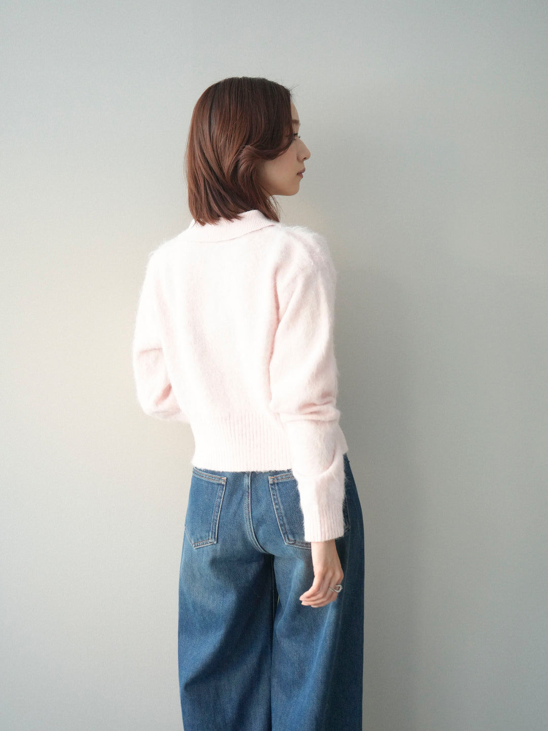 [SET]モヘア衿付きボタンプルオーバー+裏起毛裾フリンジワイドデニムパンツ(2set)