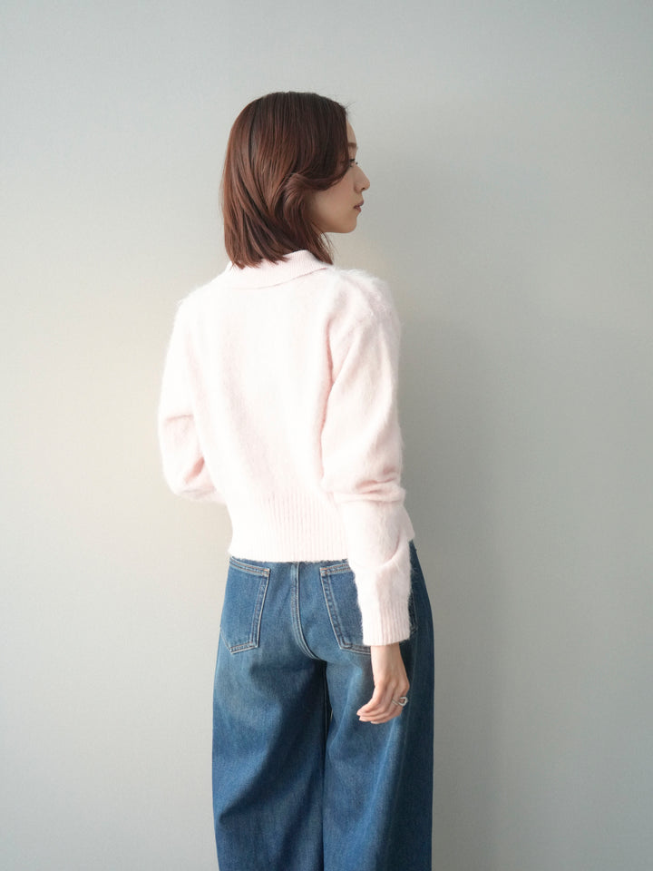 [SET]モヘア衿付きボタンプルオーバー+裏起毛裾フリンジワイドデニムパンツ(2set)