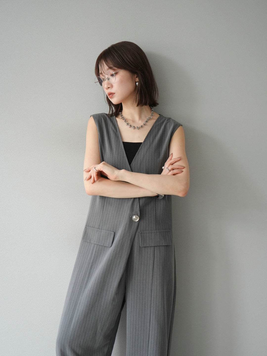 [予約]ストライプラップデザインオールインワン/グレー