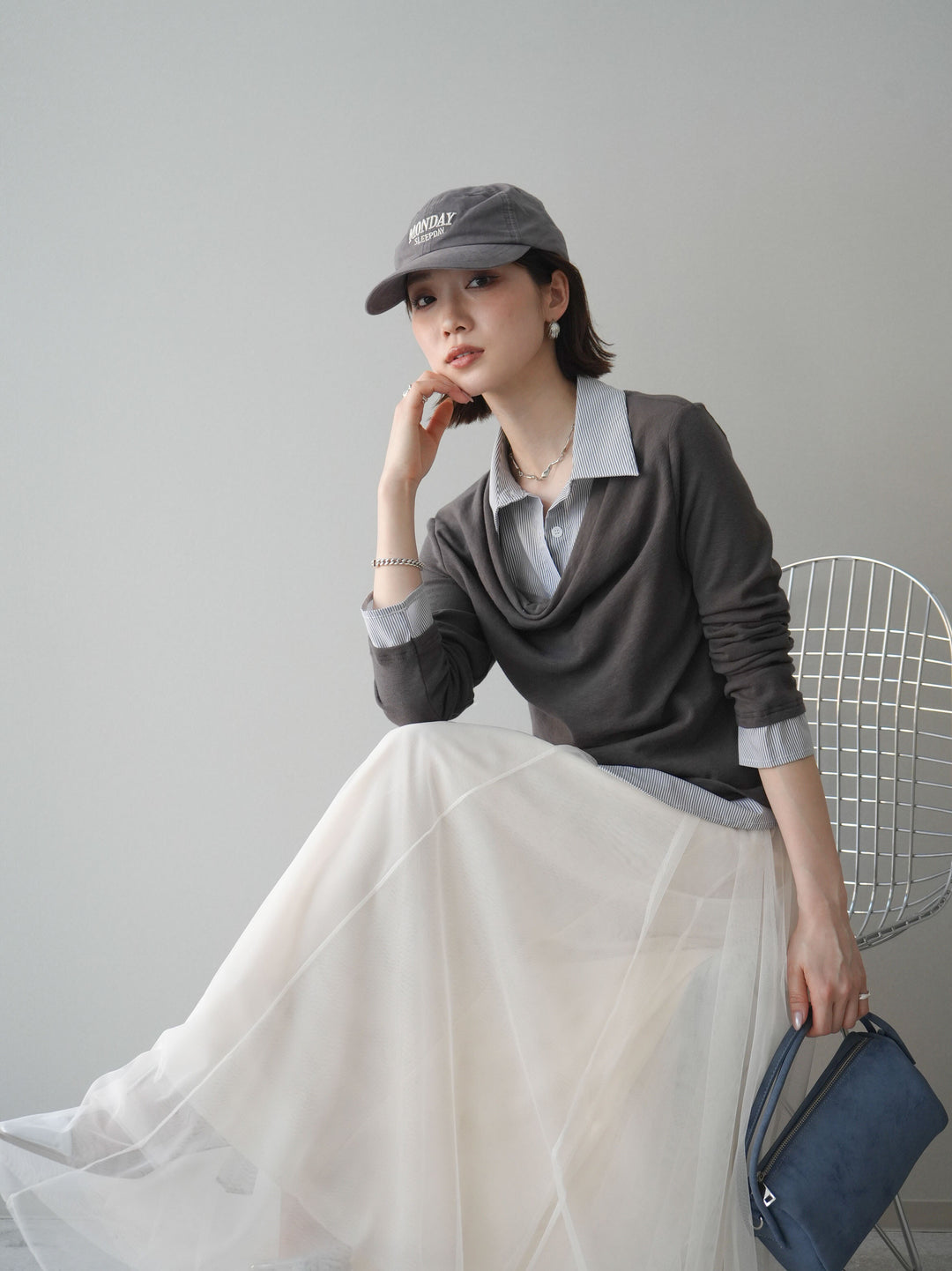 [予約]ストライプドッキングシャツドレープカットソー/charcoal