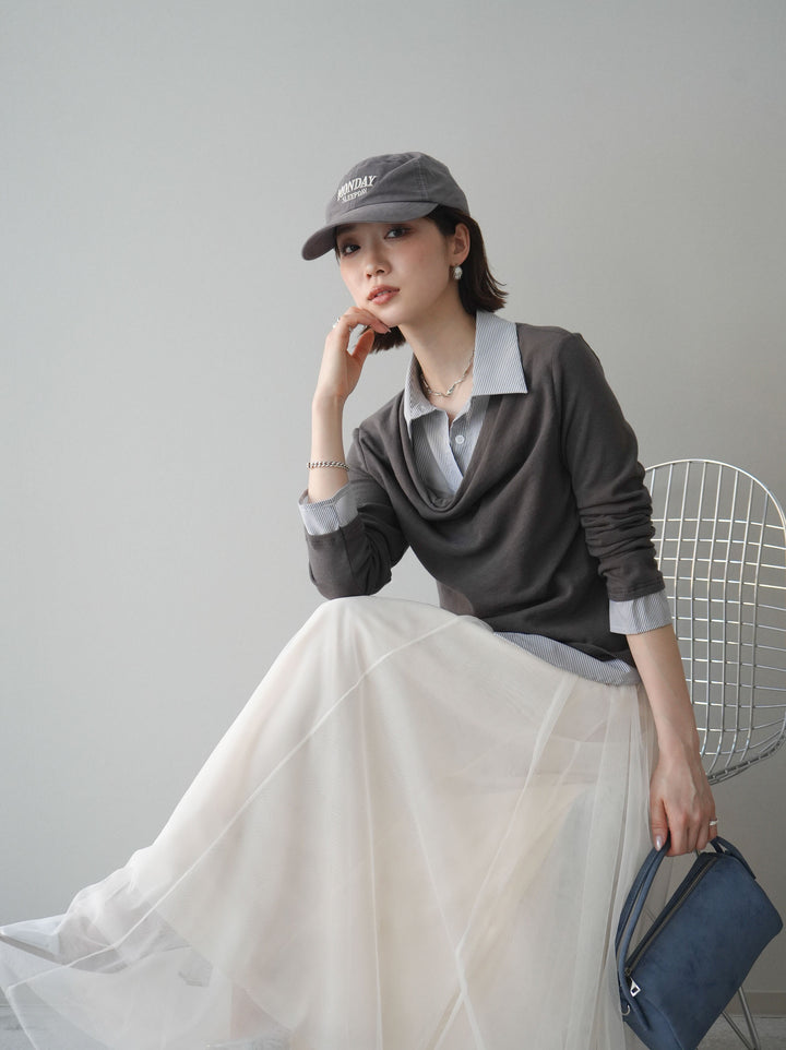 [予約]ストライプドッキングシャツドレープカットソー/charcoal