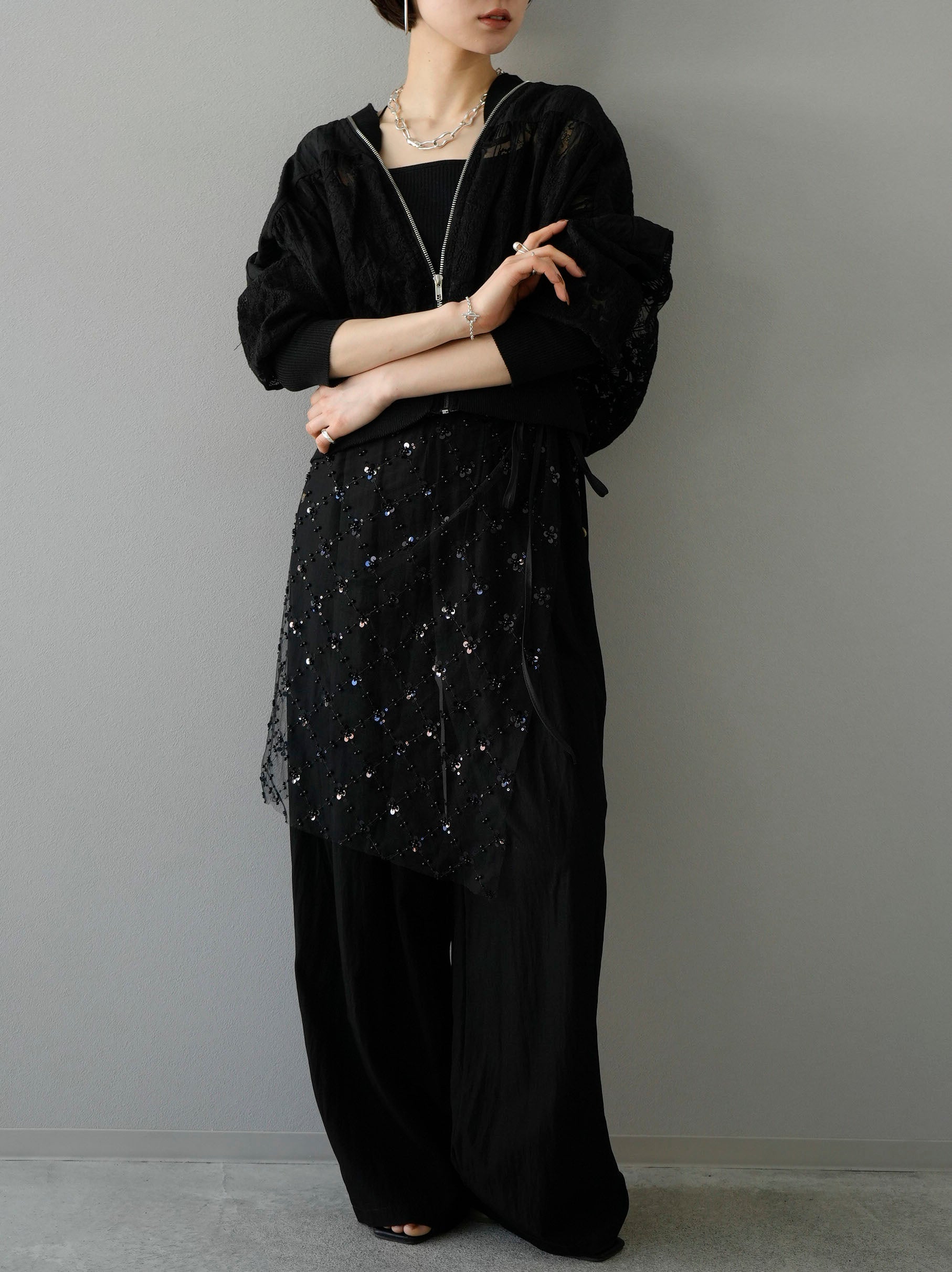 paco rabanne スパンコール チュールロングスカート　モード　ブラック paco rabanne スパンコール チュールロングスカート モード