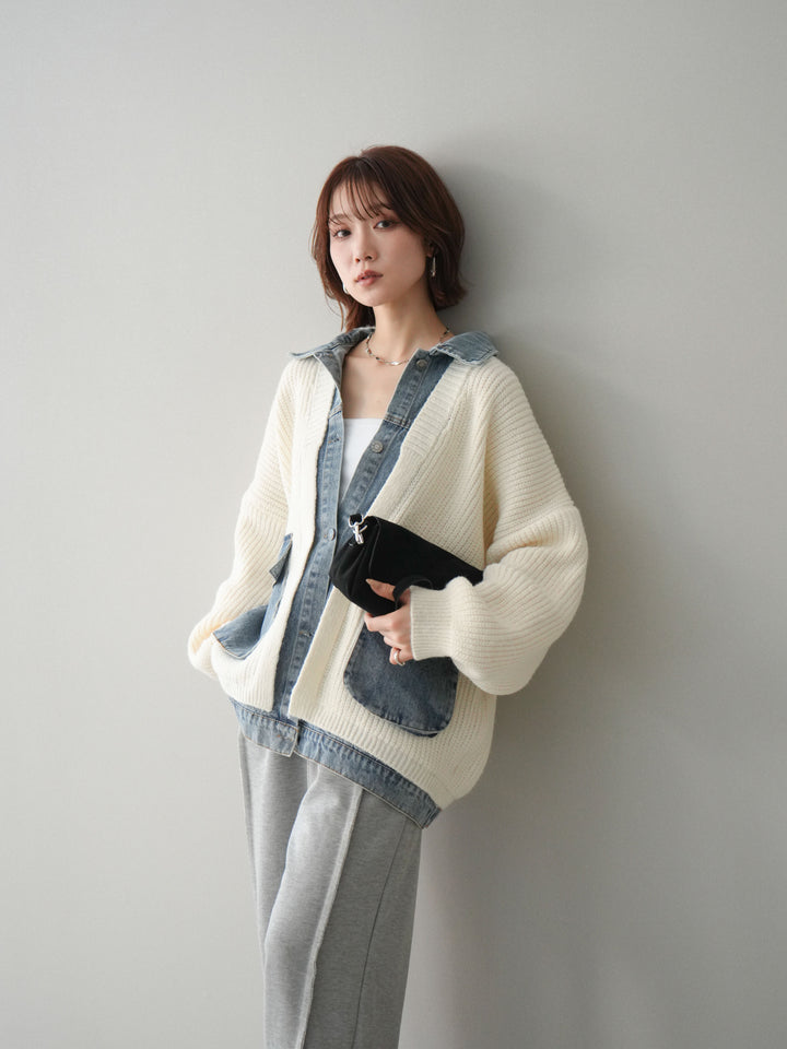 [SET]デニムドッキングオーバーニットジャケット+2WAYデザインスウェットパンツ(2set)