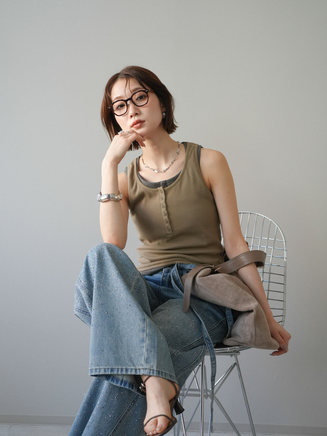 [SET]配色リブヘンリータンクトップ+ウエストベルトビジューワイドデニムパンツ(2set)